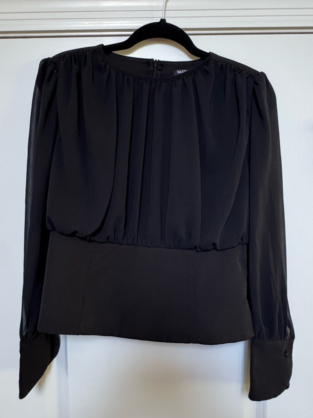 Black Top by Nasty Gal - Sheer Sleeves - Fitted Waist - Zipper - size 8